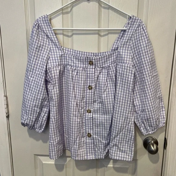 Gingham Lavender and White Blouse with Puff Sleeves cottagecore coastal cowgirl - Picture 2 of 10